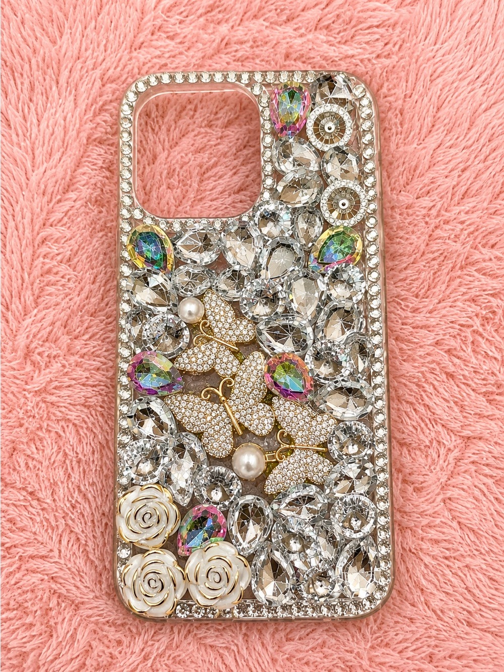 Clear Crystal Butterfly iPhone 14 Pro Max  Case with Pearl & Iridescent Accents
